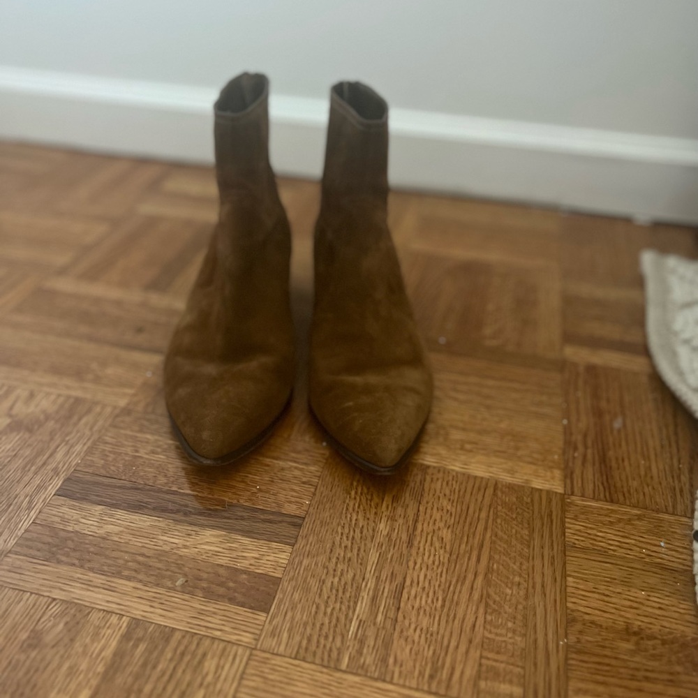 Loeffler Randal camel suede booties with pointed toe, lightly worn